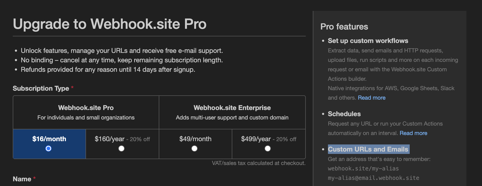 webhook.site page that shows premium tier has custom aliases