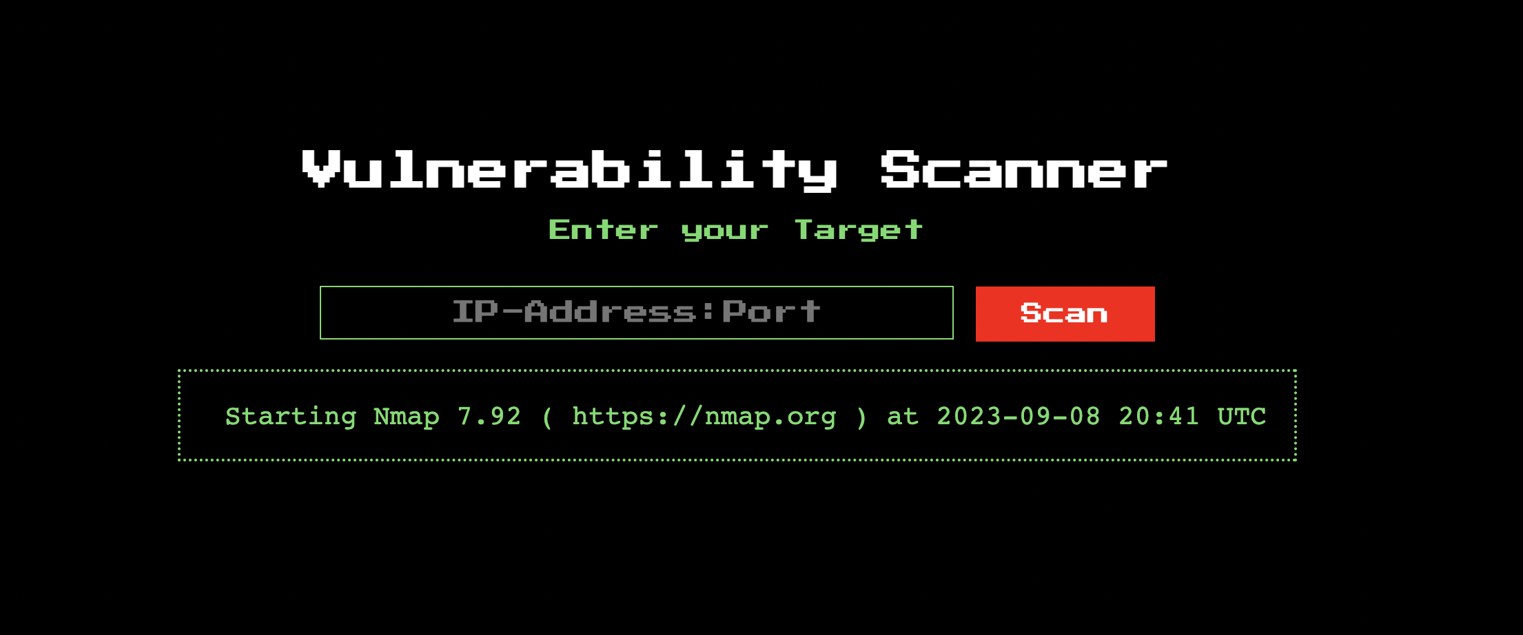 Image of the challenge website, showing just a starting nmap output and nothing else