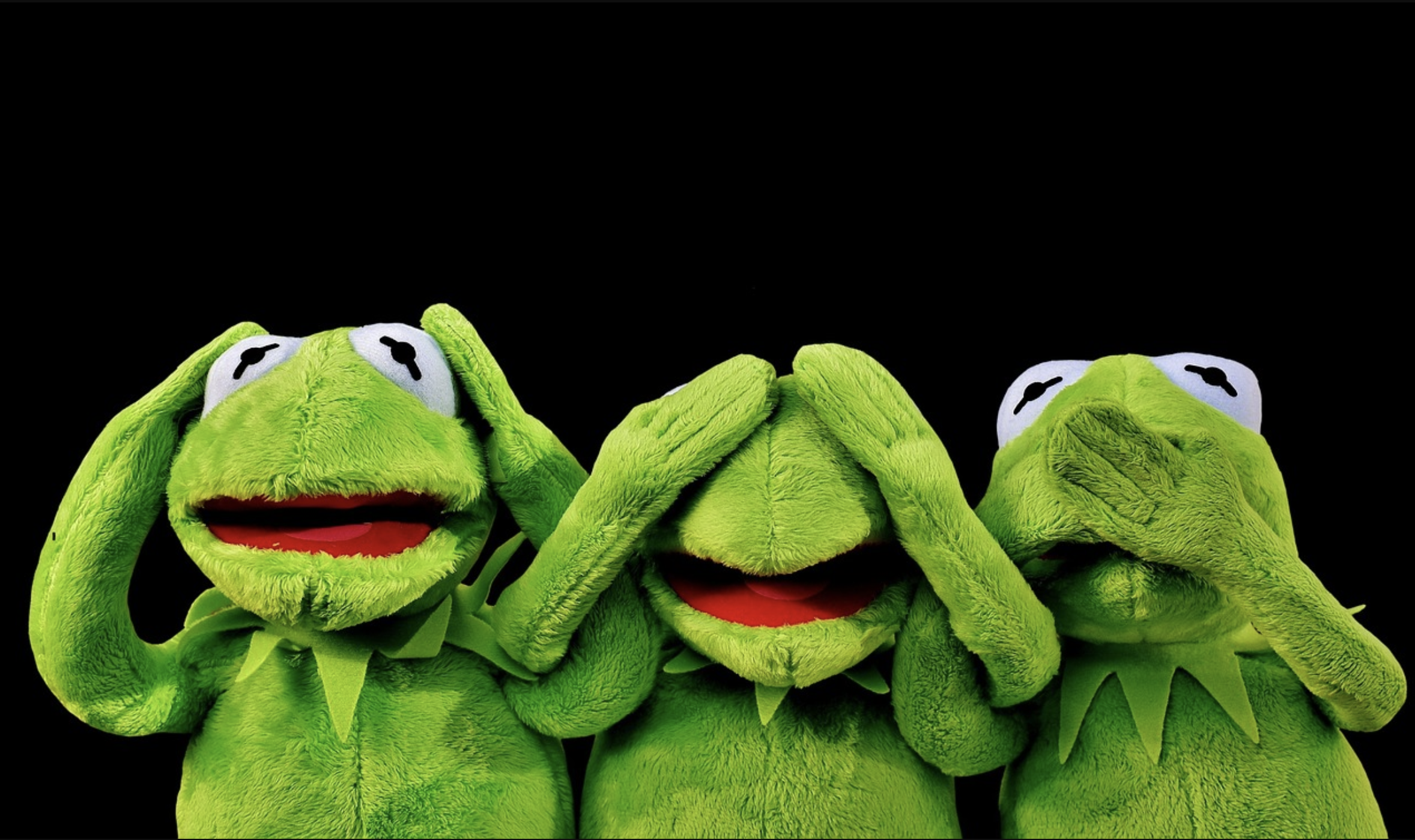 Three Kermits doing the see no evil hear no evil speak no evil pose.