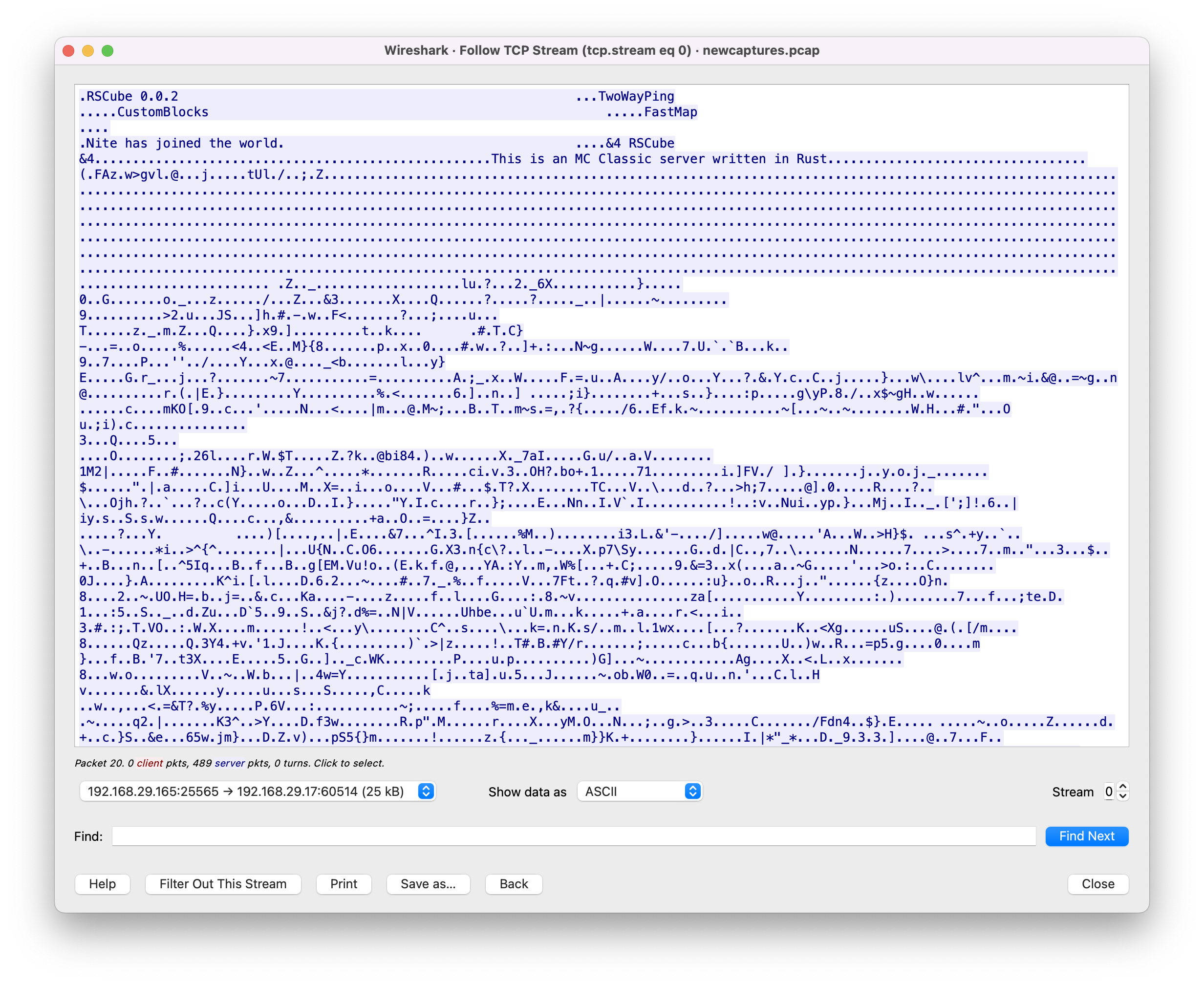 another section of the TCP server response in wireshark