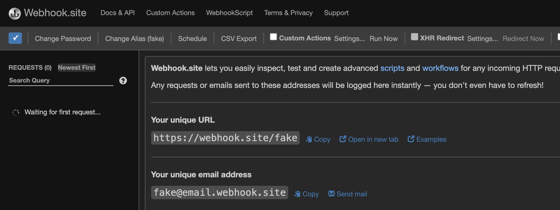 webhook.site page showing control of webhook.site/fake